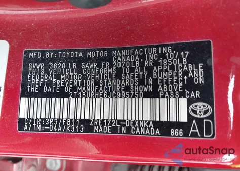 2018 Toyota Corolla Le из США, поврежденный, VIN 2T1BURHE6JC995750